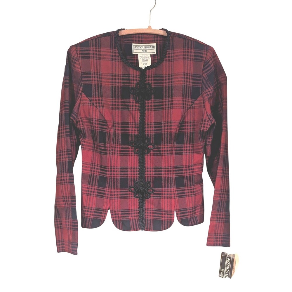 Jessica Howard Petite Red‎ Navy Plaid Blazer Jacket Vintage 90s Sz 4
